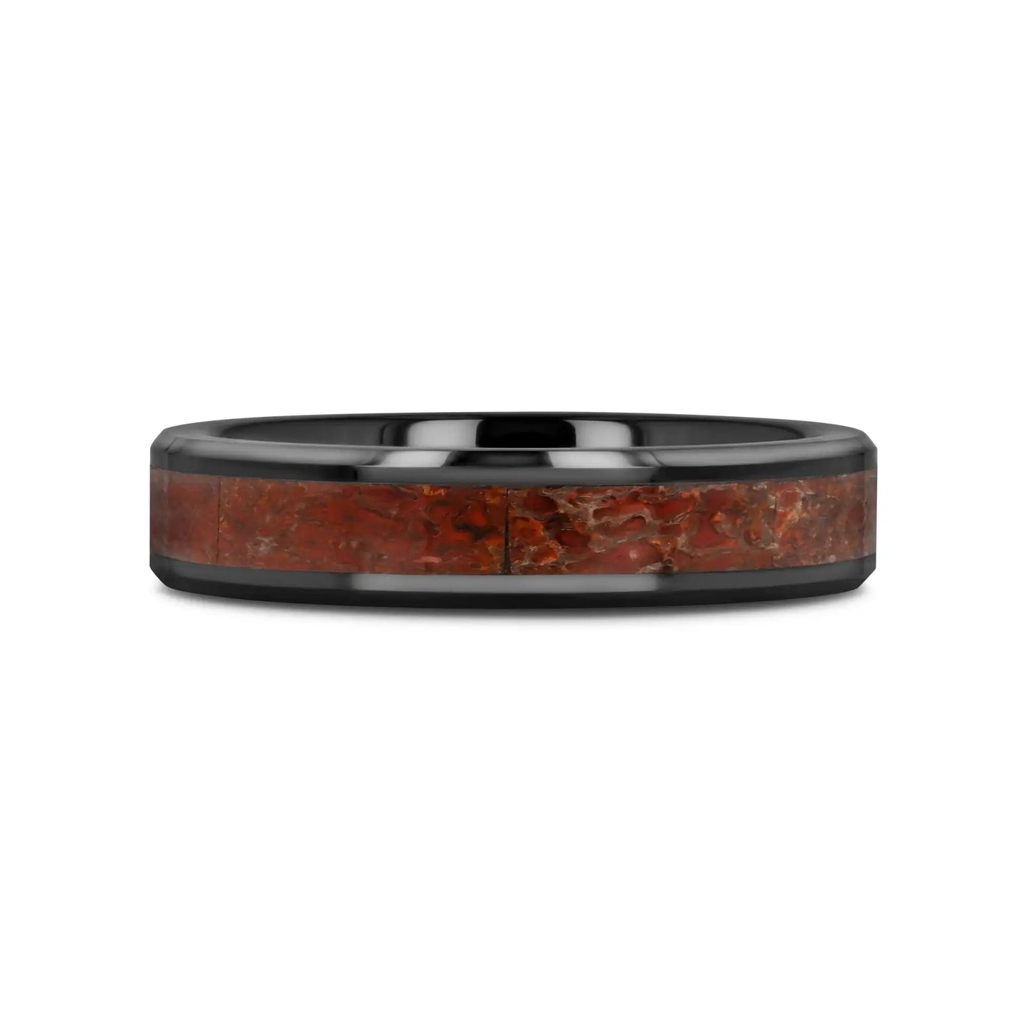 TRIASSIC Red Dinosaur Bone Inlaid Black Ceramic Beveled Edged Ring - 4mm