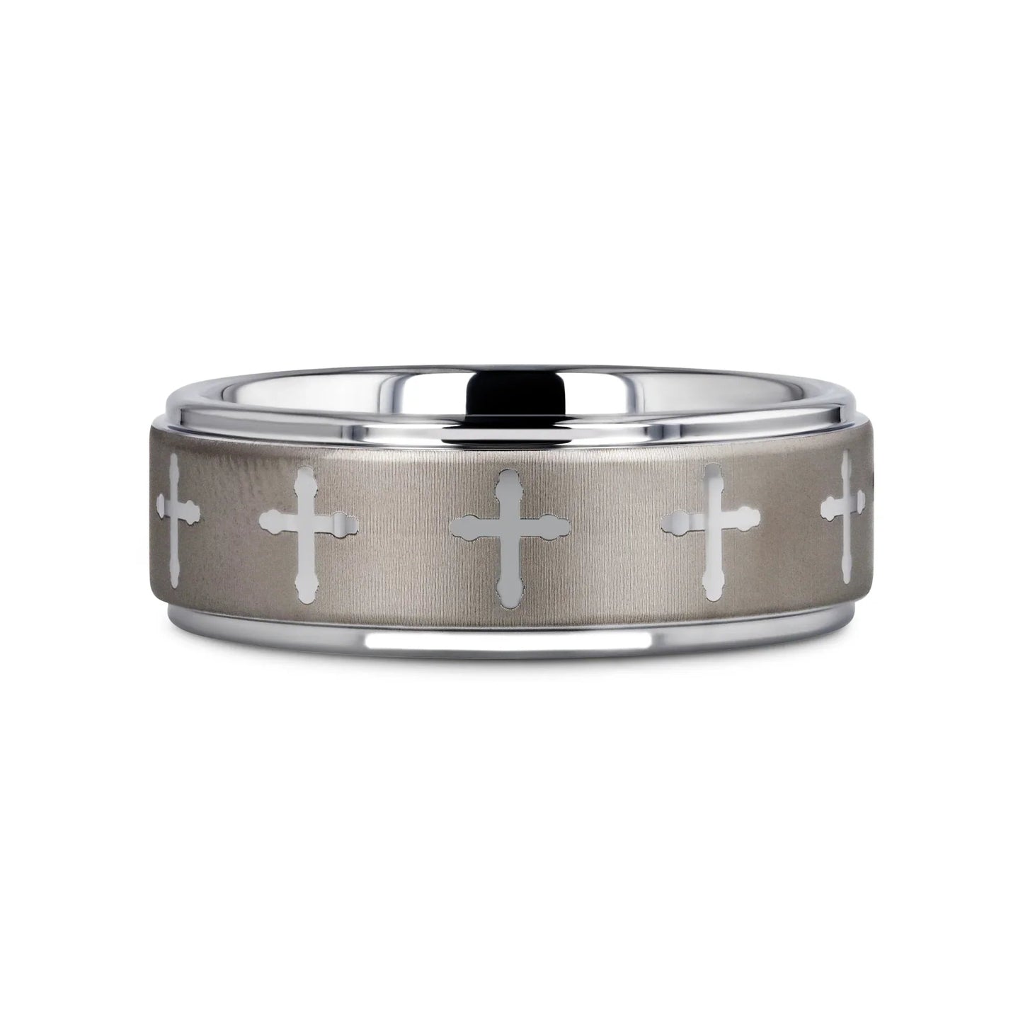 TRINITY Raised Center with Engraved Crosses Men's Tungsten Wedding Band – 8mm