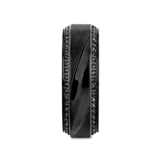 TROPHY Black Damascus Steel Inlaid Polished Black Titanium Men's Wedding Band With Black Sapphire Beveled Edges - 8mm