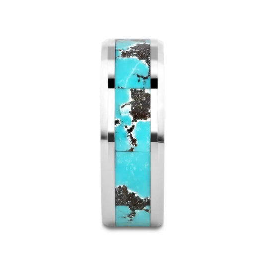 TURKIS Turquoise Spider Web Inlay Tungsten Carbide ring with Beveled Polished Edges - 8mm