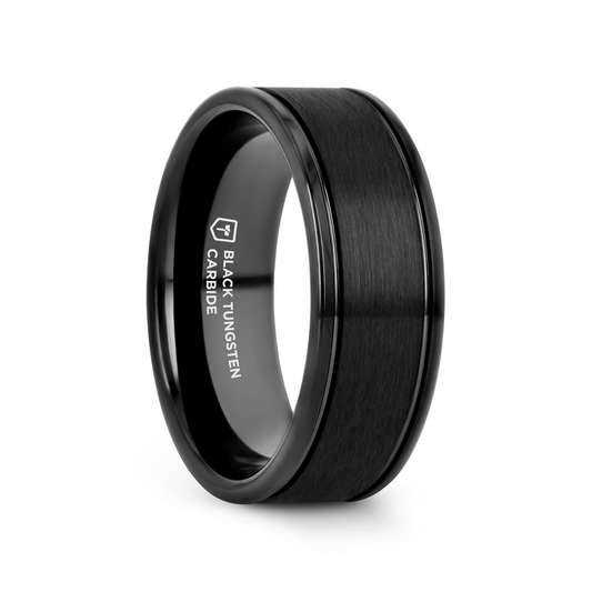 TURNER Black Tungsten Carbide Wedding Band – Flat Brushed Center, Dual Offset Grooves, Polished Edges (6mm & 8mm)