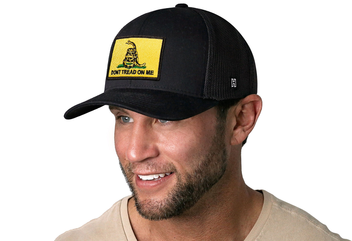 Dont Tread On Me Trucker Hat  |  Black Gadsden Flag Yellow Snapback