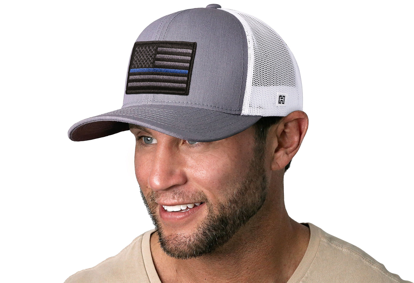 Thin Blue Line Trucker Hat  |  Gray-White Police Tactical Snapback