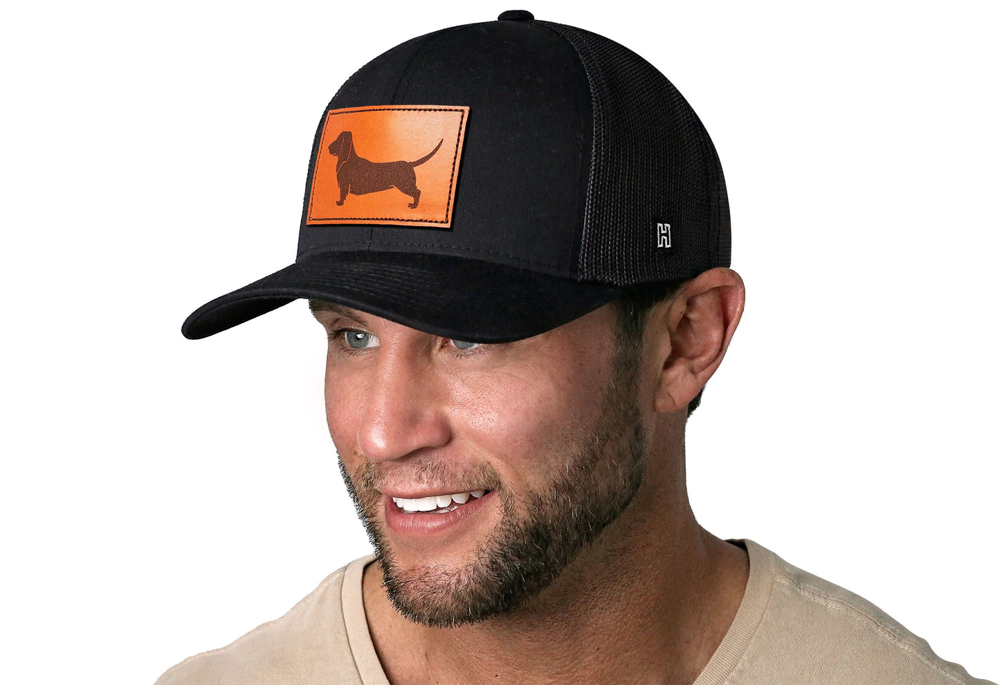 Dachshund Trucker Hat Leather  |  Black Dog Snapback