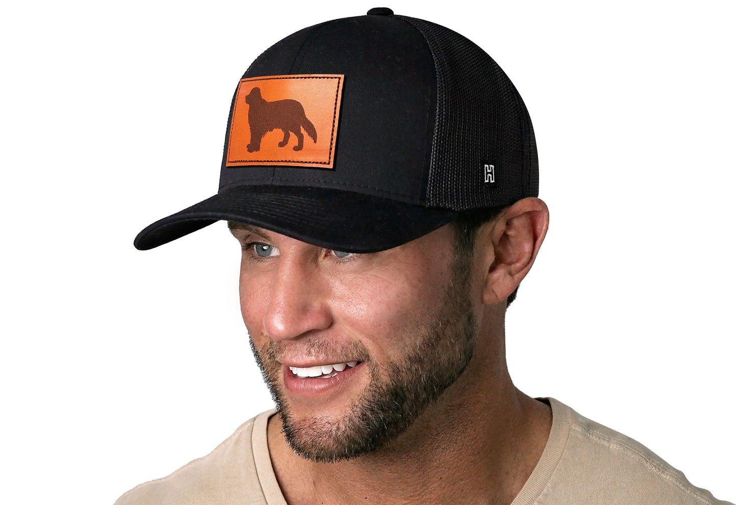 Golden Retriever Trucker Hat Leather  |  Black Dog Snapback