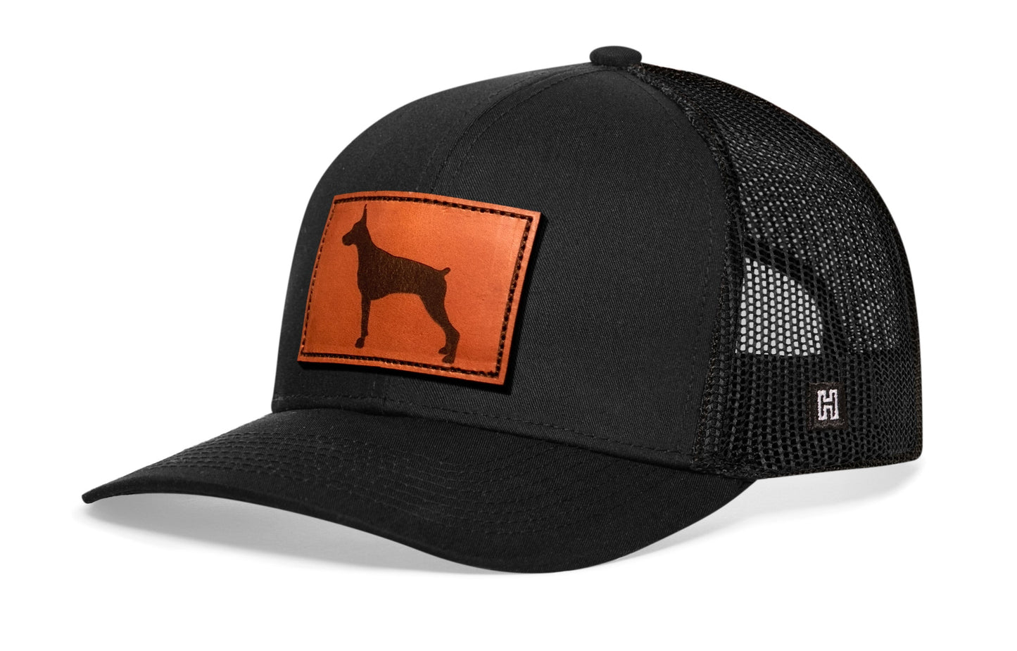 Doberman Trucker Hat Leather  |  Black Dog Snapback