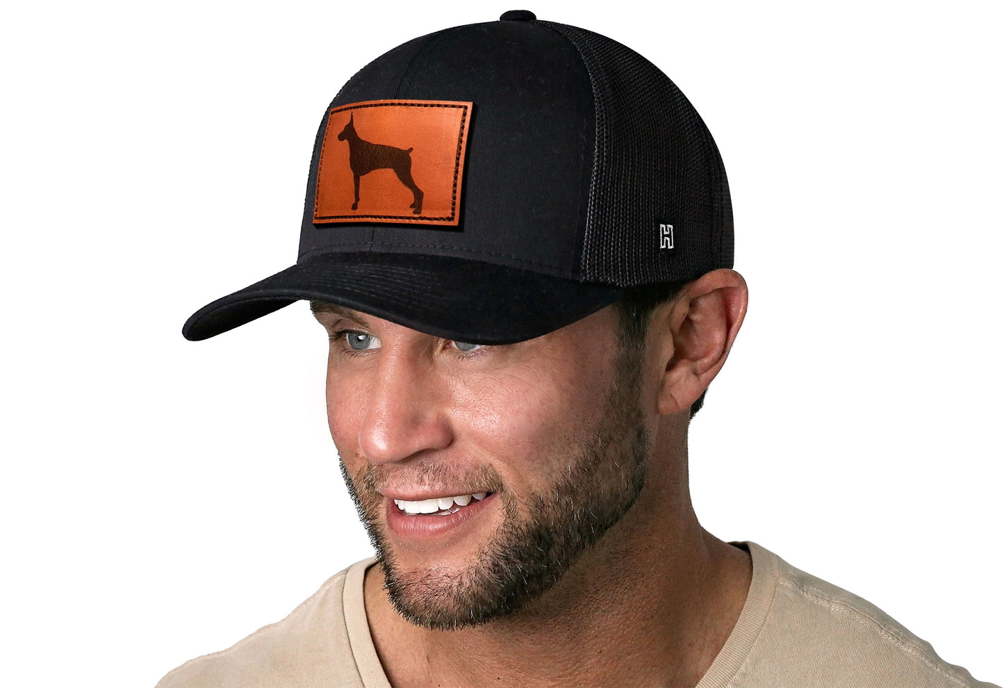 Doberman Trucker Hat Leather  |  Black Dog Snapback