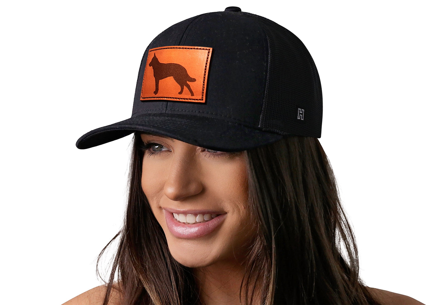 German Shepherd Trucker Hat Leather  |  Black Dog Snapback