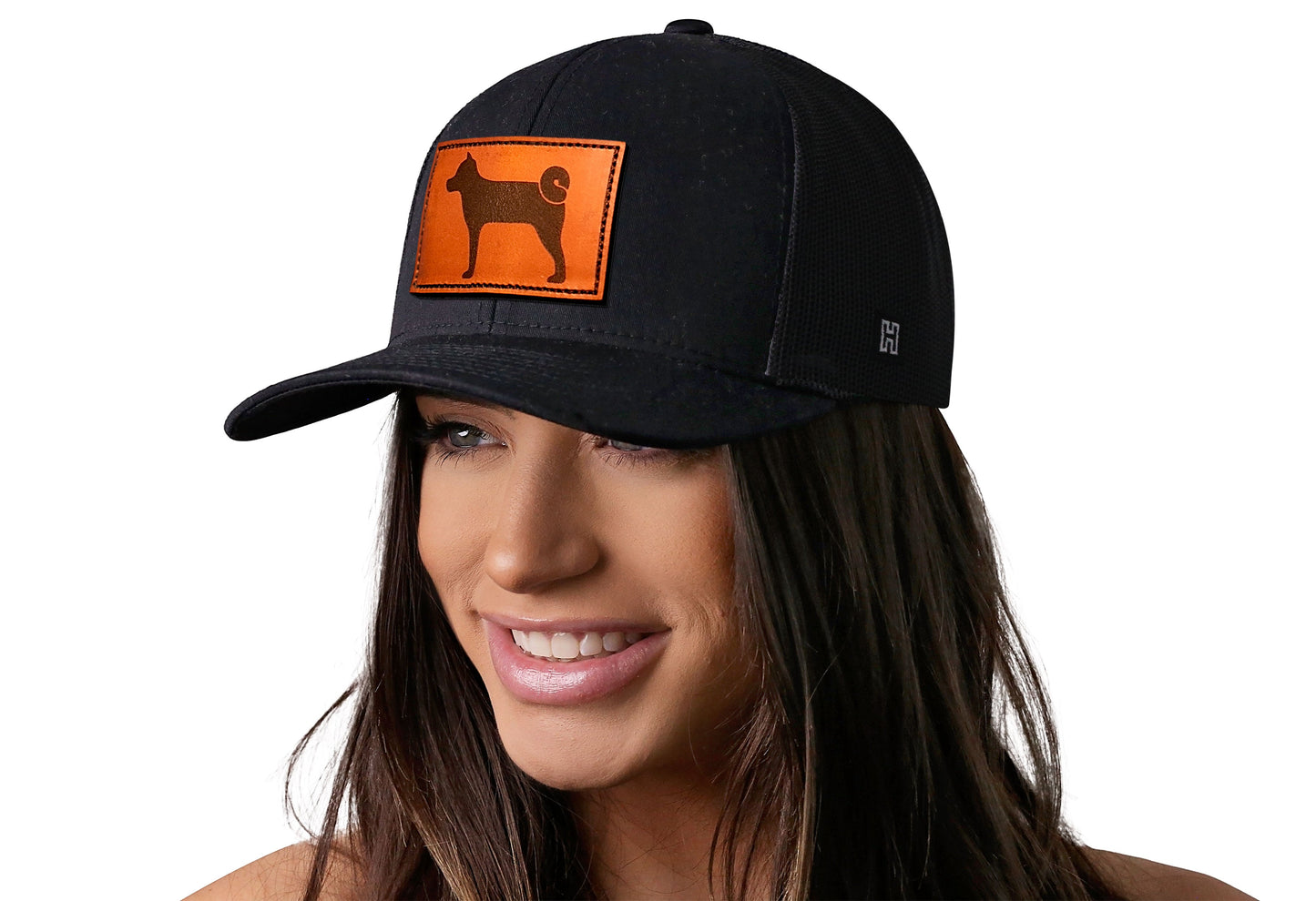 Shiba Inu Trucker Hat Leather  |  Black Dog Snapback
