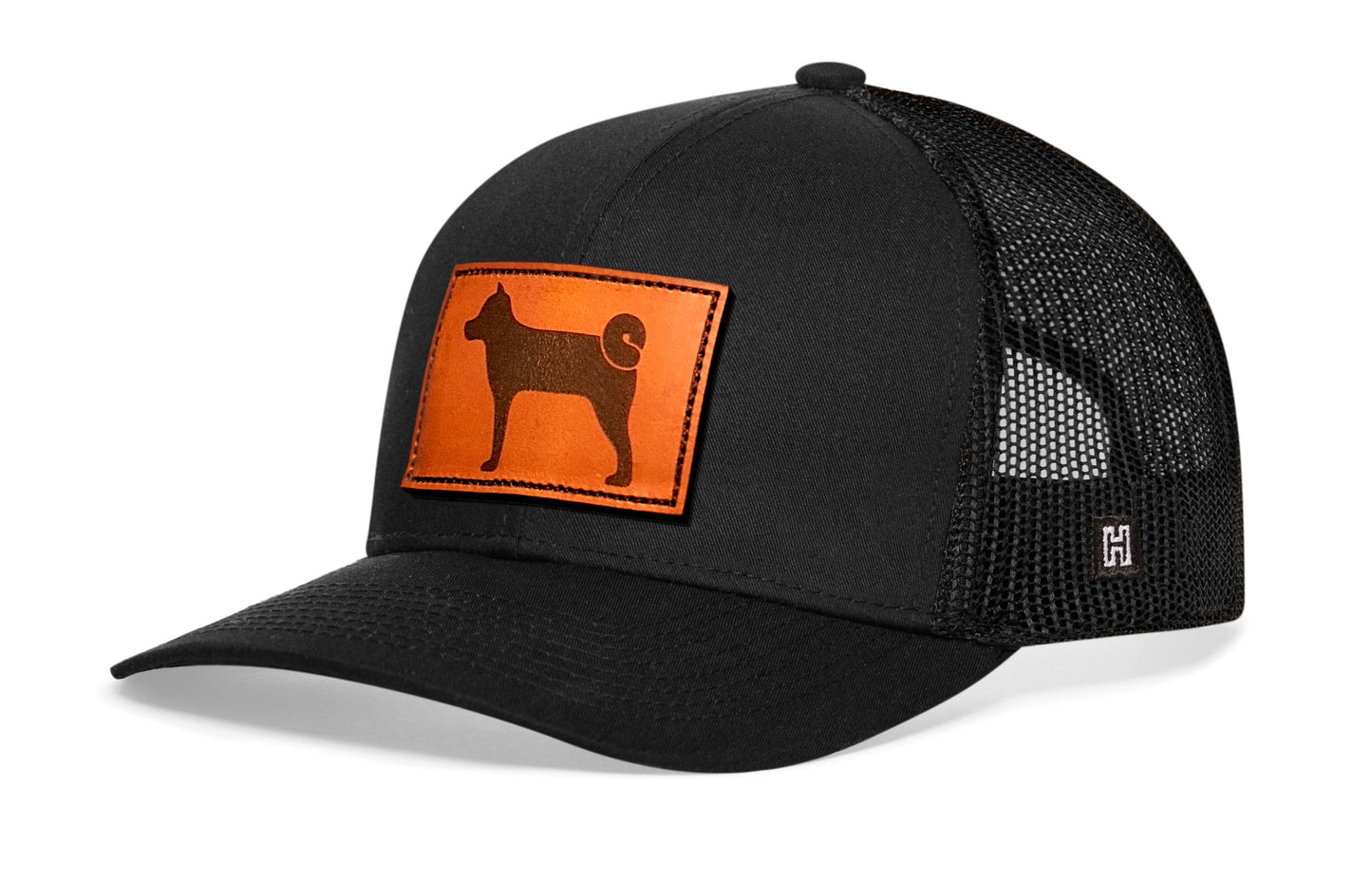 Shiba Inu Trucker Hat Leather  |  Black Dog Snapback
