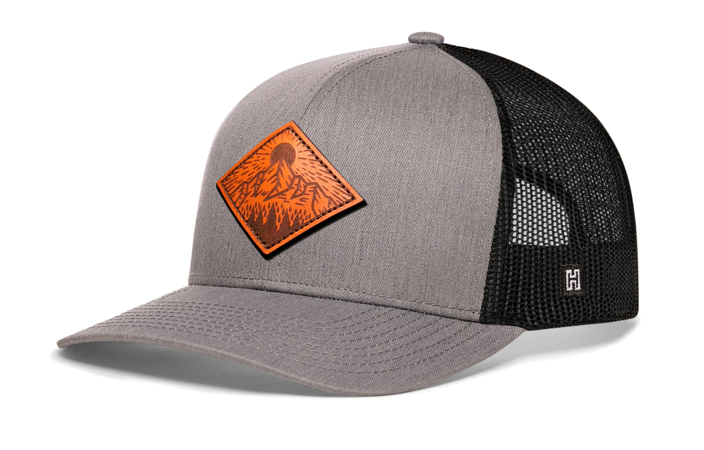 Diamond Mountain and Trees Trucker Hat Leather  |  Gray-Black Outdoors Snapback