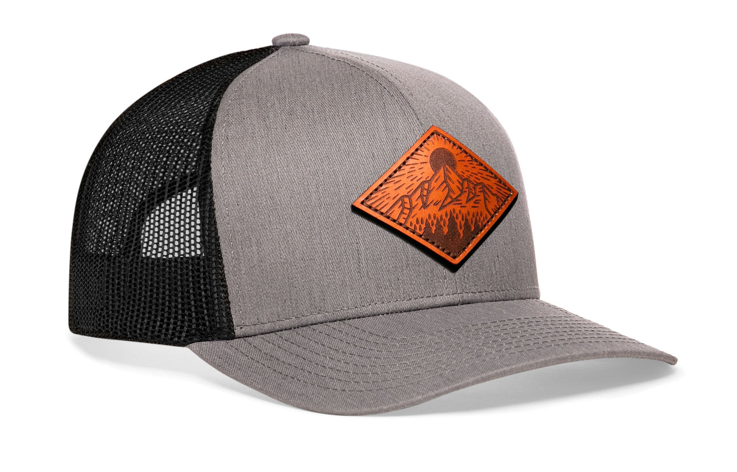 Diamond Mountain and Trees Trucker Hat Leather  |  Gray-Black Outdoors Snapback