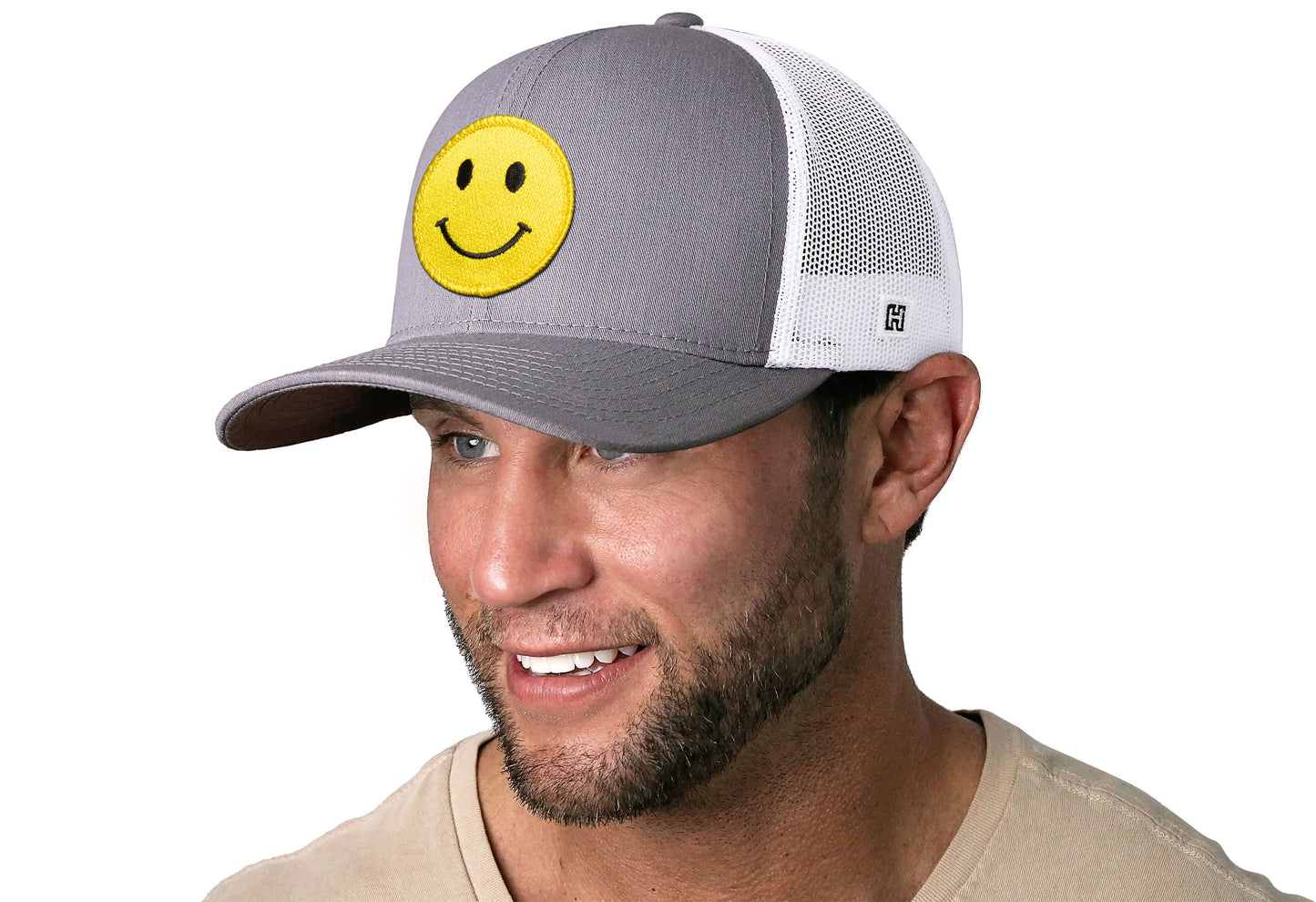 Smiley Face Trucker Hat  |  Gray-White Emoji Snapback