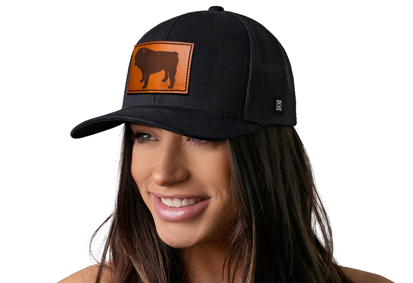 English Bulldog Trucker Hat Leather  |  Black Dog Snapback