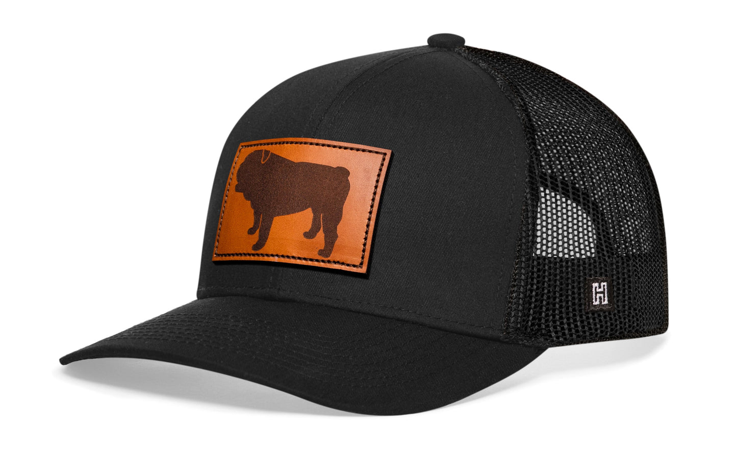 English Bulldog Trucker Hat Leather  |  Black Dog Snapback