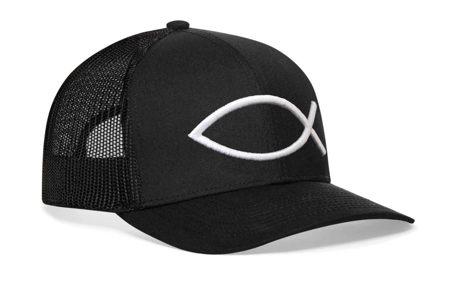 Jesus Fish Trucker Hat  |  Black bold ichthys Snapback
