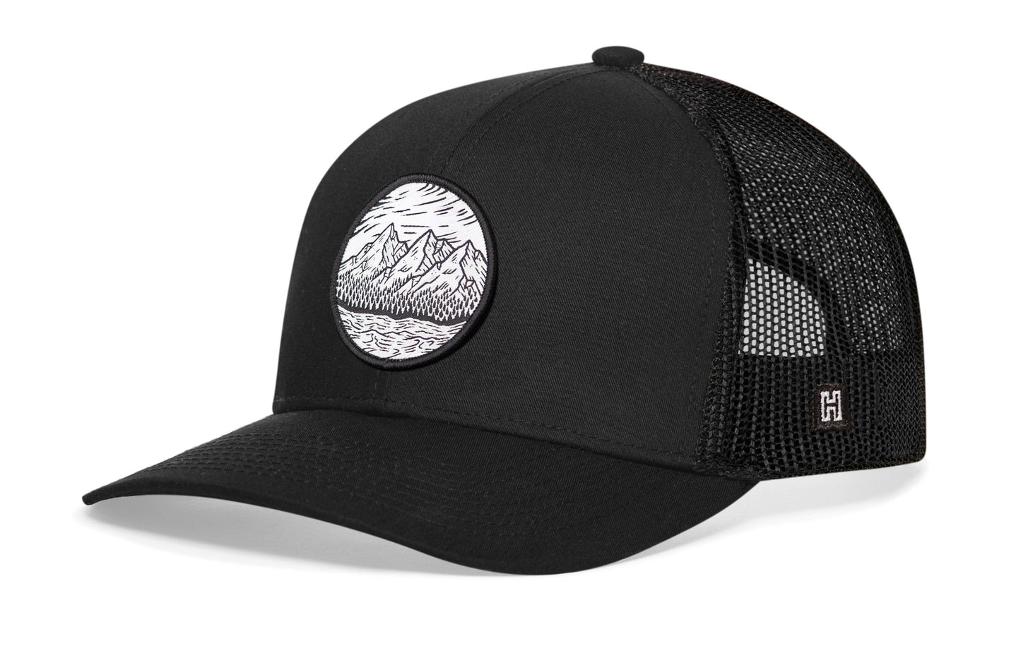 Circle Mountain and Trees Trucker Hat  |  Black Outdoors Snapback