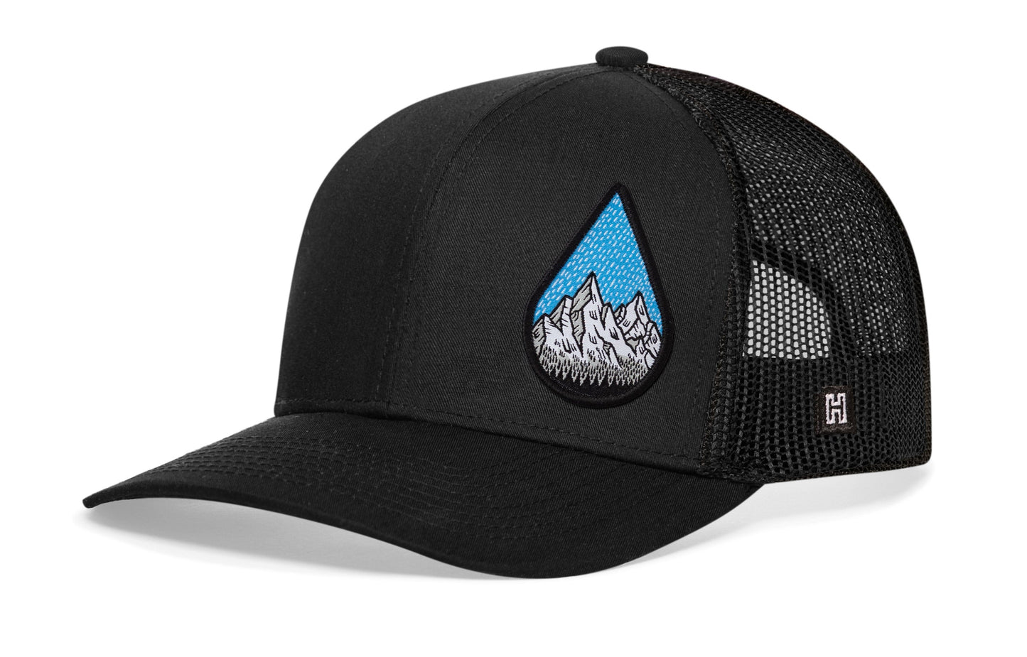 Rainddrop Mountain and Trees Trucker Hat  |  Black Outdoors Snapback