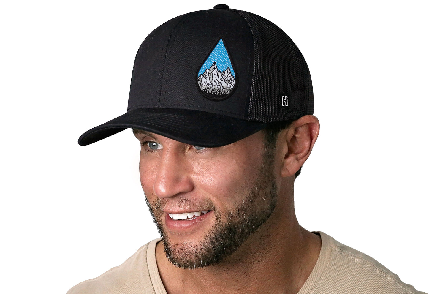 Rainddrop Mountain and Trees Trucker Hat  |  Black Outdoors Snapback