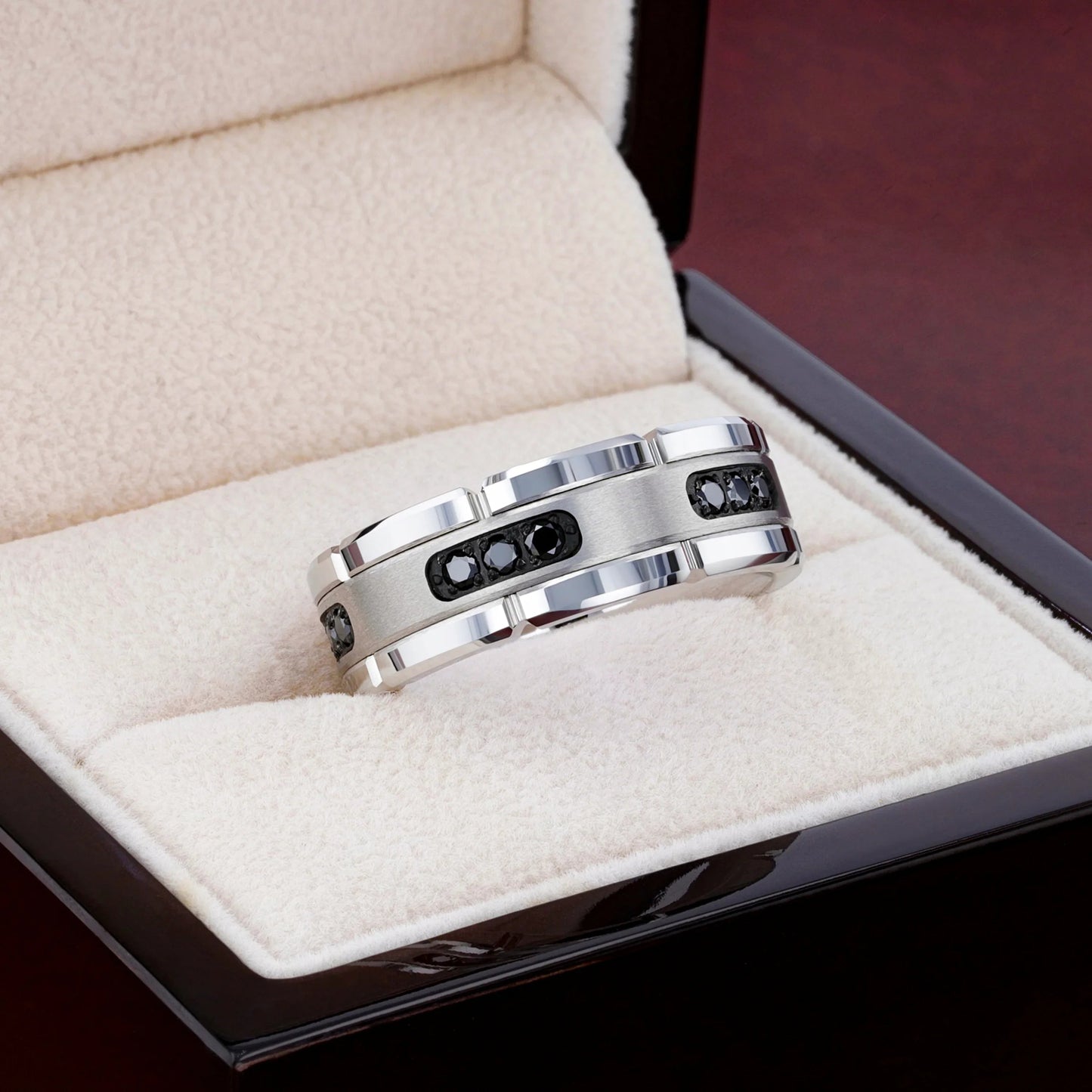 VALOR Grooved Tungsten Ring with Silver Inlay & Black Diamonds - 8mm