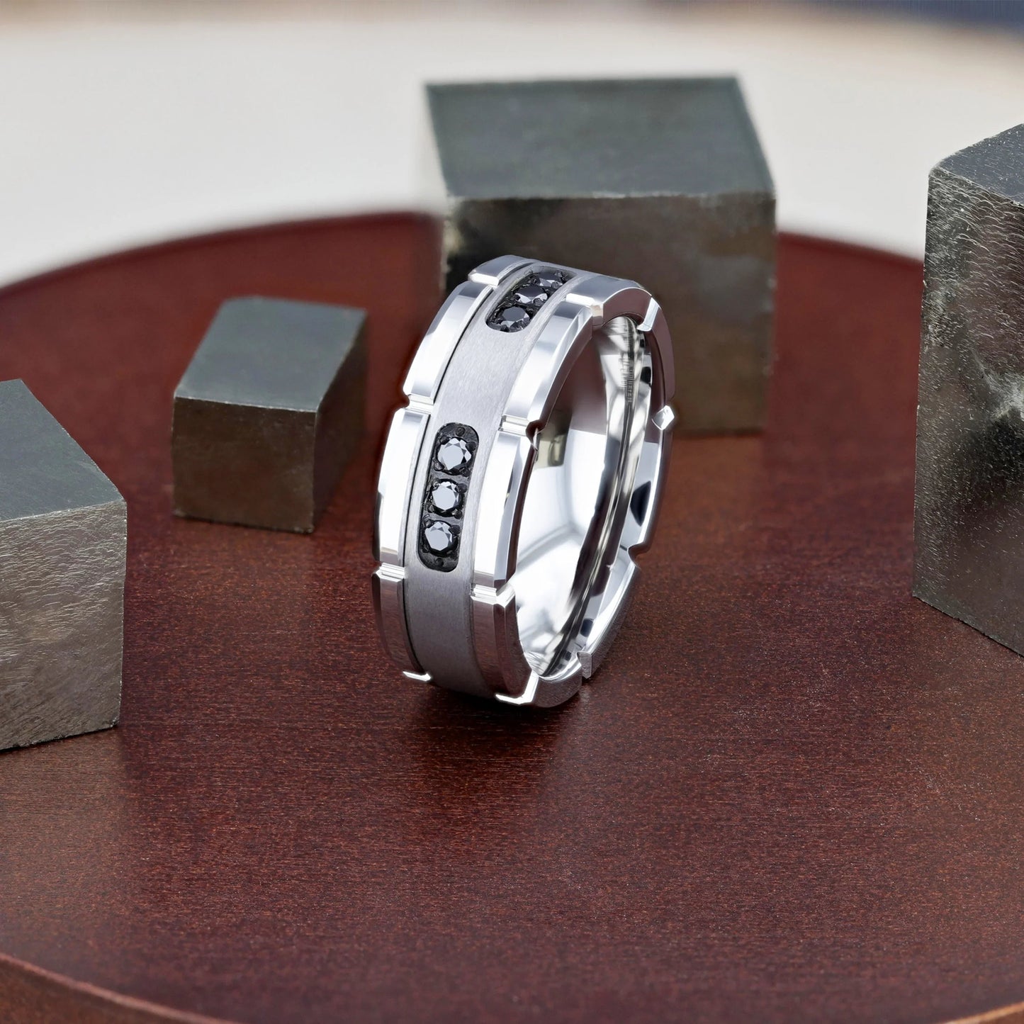 VALOR Grooved Tungsten Ring with Silver Inlay & Black Diamonds - 8mm