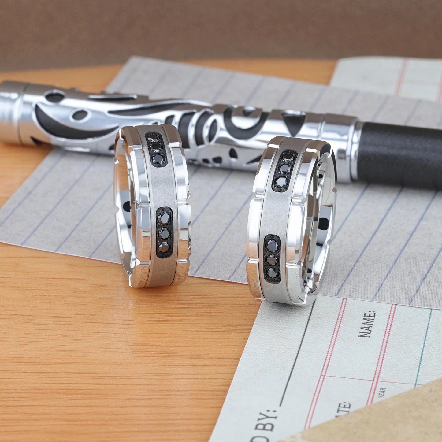 VALOR Grooved Tungsten Ring with Silver Inlay & Black Diamonds - 8mm