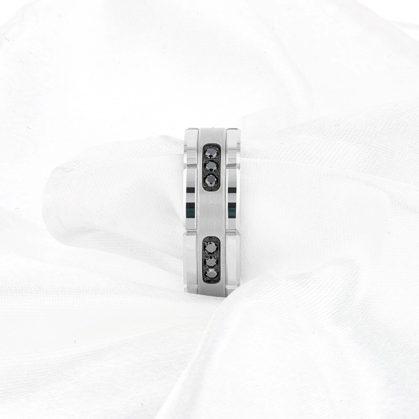 VALOR Grooved Tungsten Ring with Silver Inlay & Black Diamonds - 8mm