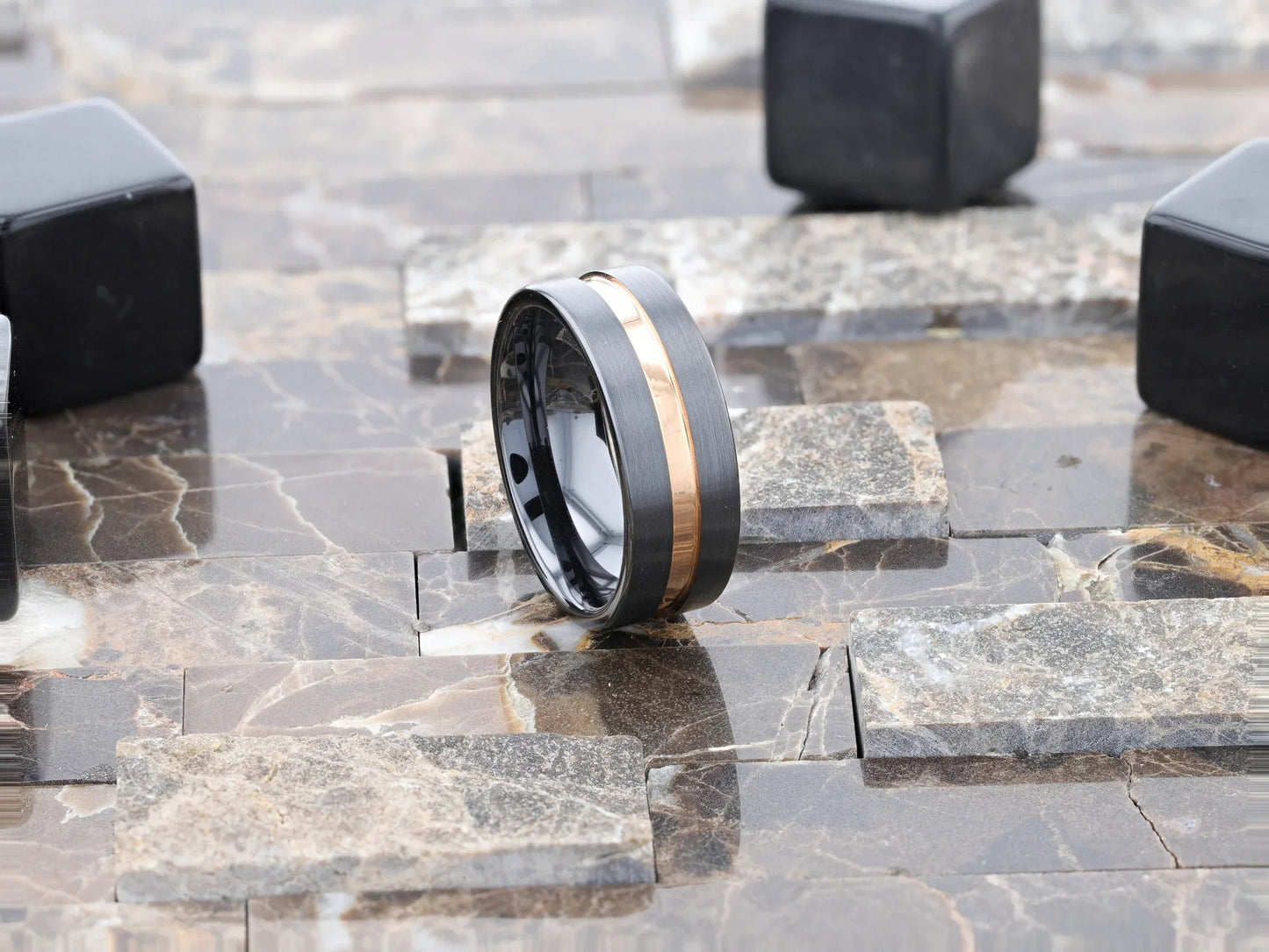 VENICE Black Ceramic Wedding Band with Rose Gold Groove - 4mm - 10mm