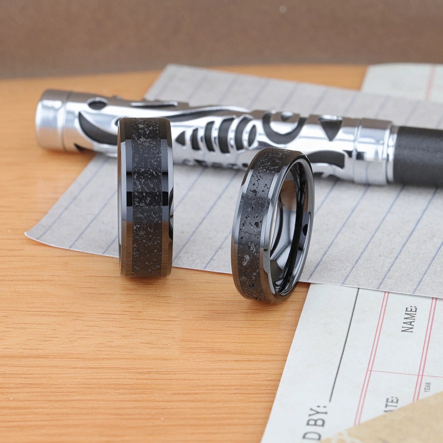 VESUVIUS Men’s Polished Black Ceramic Wedding Band with Black & Gray Lava Rock Stone Inlay & Polished Beveled Edges - 6mm & 8mm