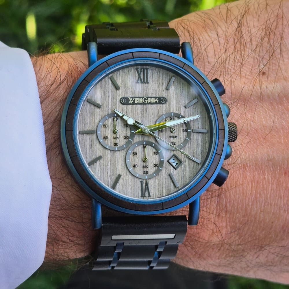Black & Blue Wooden Chronograph Watch