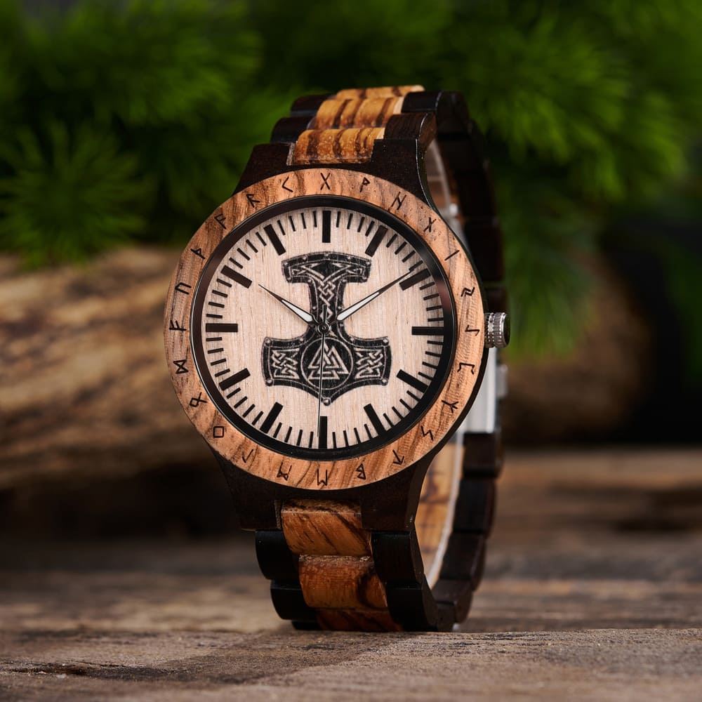 Personalized Thor's Hammer Mjölnir Handmade Wooden Watch
