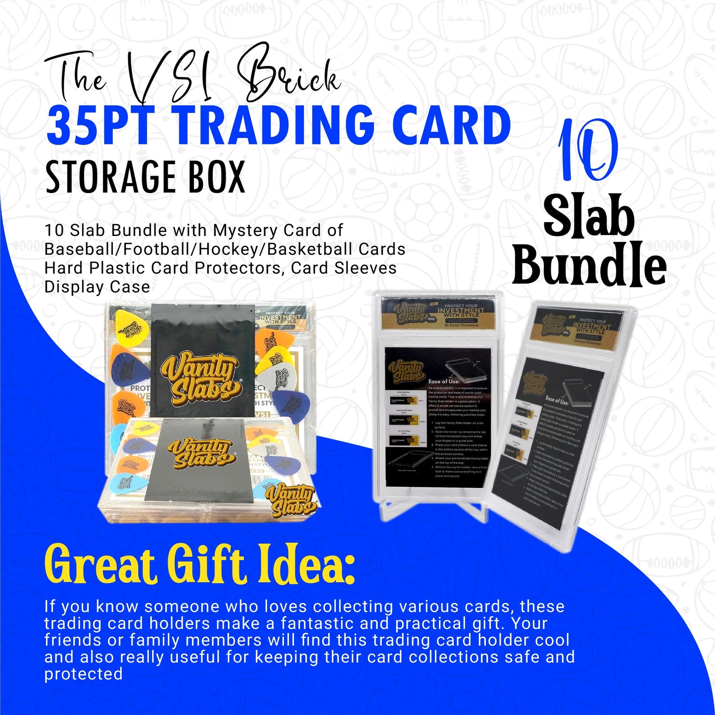 Vanity Slabs 10 Pack Bundle Includes Random Mystery Card for Baseball Football Hockey Basketball Cards