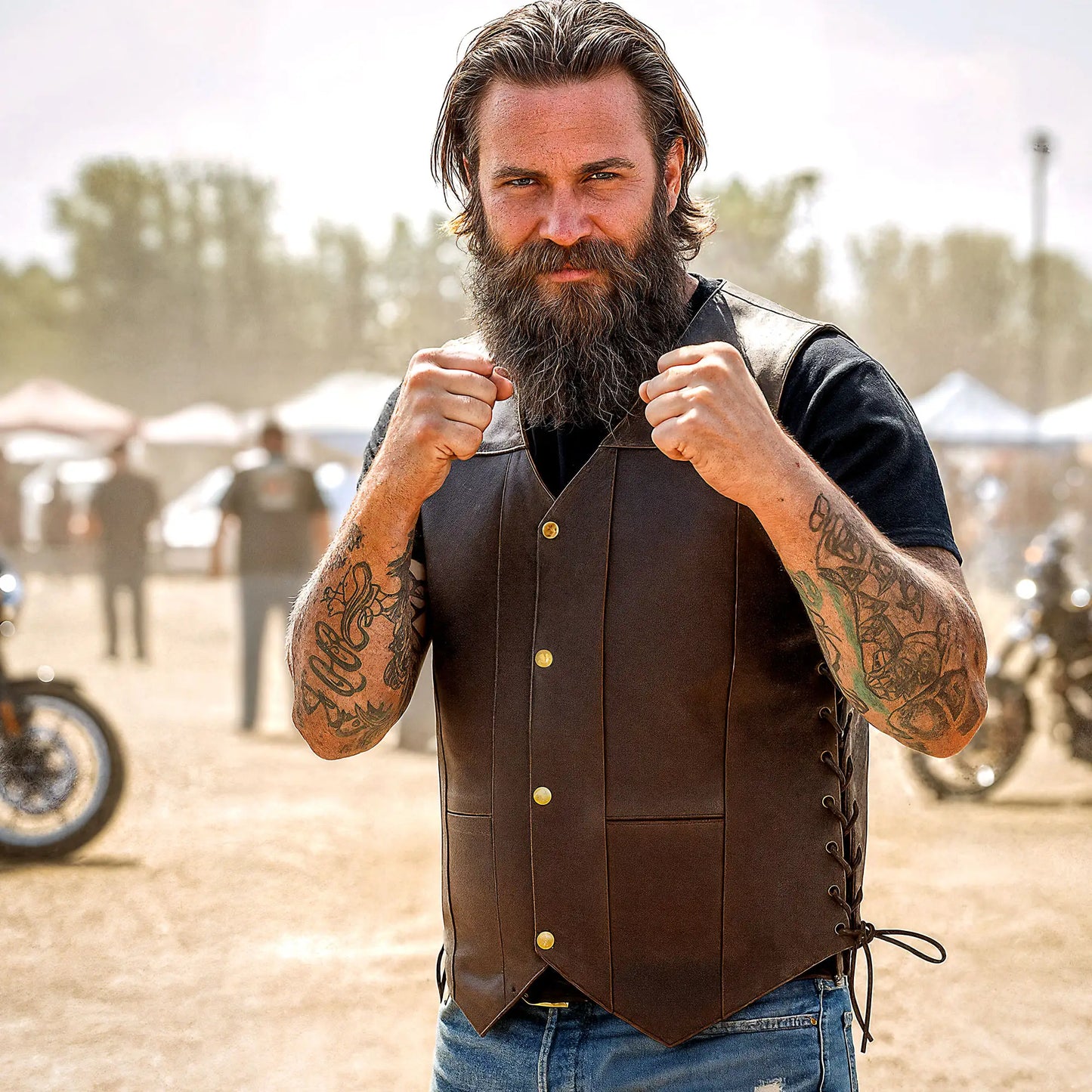 Hot Leathers VSM1040 Men's Retro Brown Motorcycle style 'Side Lace' Leather Biker Vest