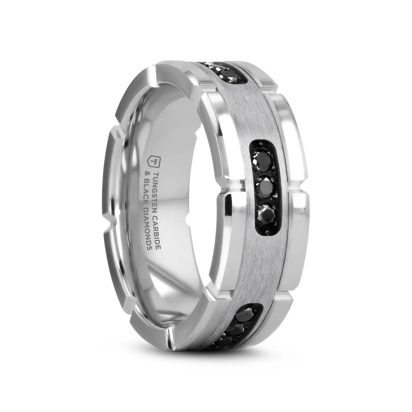 VALOR Grooved Tungsten Ring with Silver Inlay & Black Diamonds - 8mm