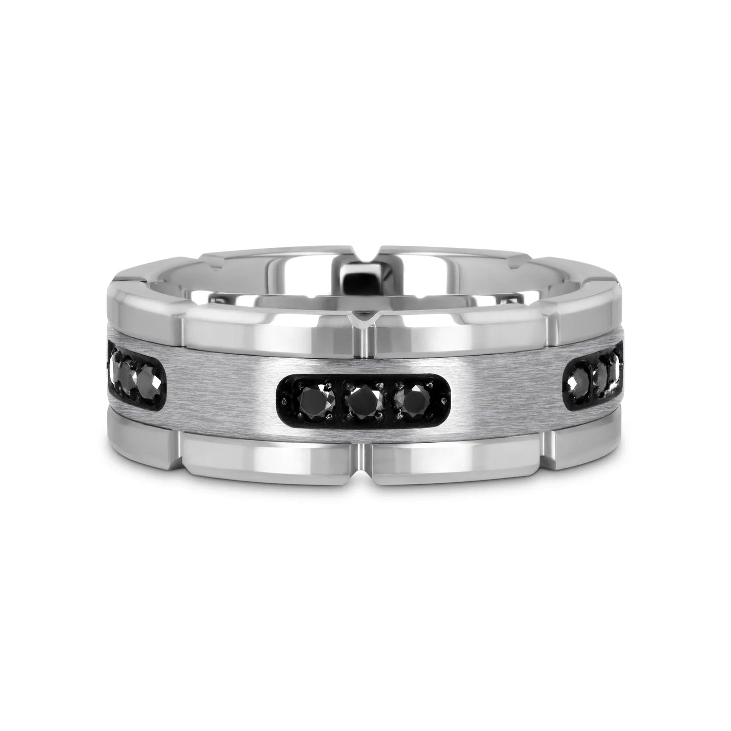 VALOR Grooved Tungsten Ring with Silver Inlay & Black Diamonds - 8mm