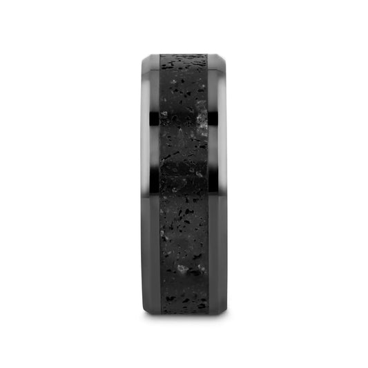 VESUVIUS Men’s Polished Black Ceramic Wedding Band with Black & Gray Lava Rock Stone Inlay & Polished Beveled Edges - 6mm & 8mm