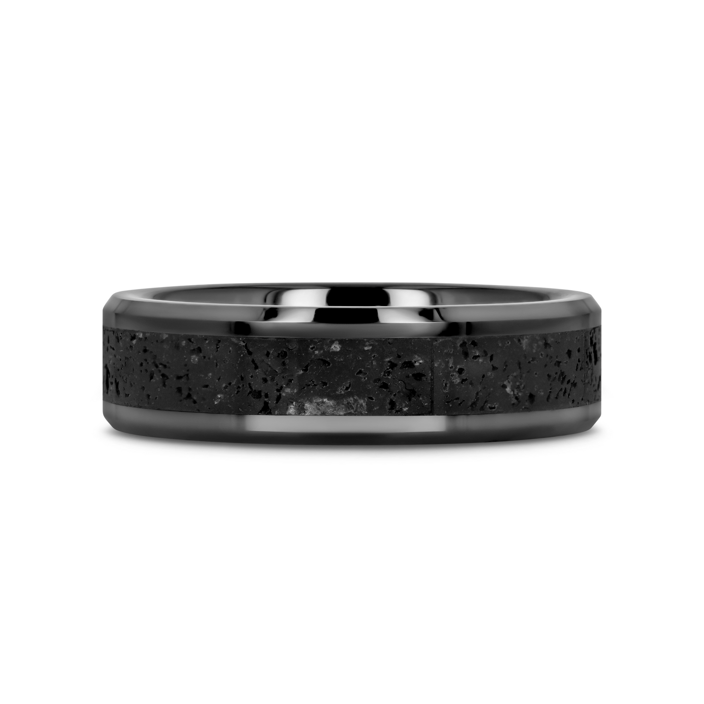 VESUVIUS Men’s Polished Black Ceramic Wedding Band with Black & Gray Lava Rock Stone Inlay & Polished Beveled Edges - 6mm & 8mm