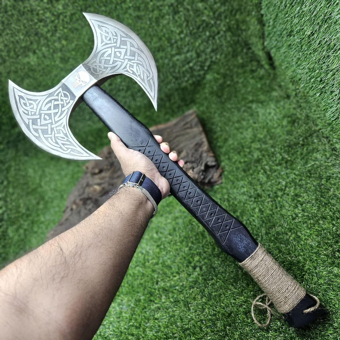 Viking Axe with Custom Handmade Forged 1095 Steel Double Sided Blade and Hand Engraved Black Ash Wood Handle – Thor’s Fury