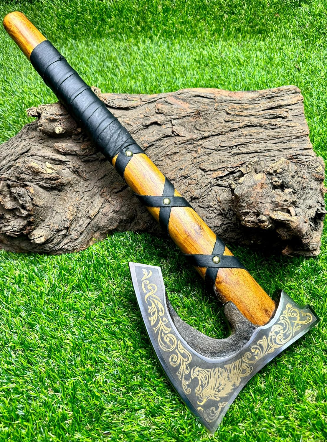 Viking Hatchet with Custom Handmade Engraved 1095 Steel Blade and Ash Wood Leather-Wrapped Handle – Battle Forge