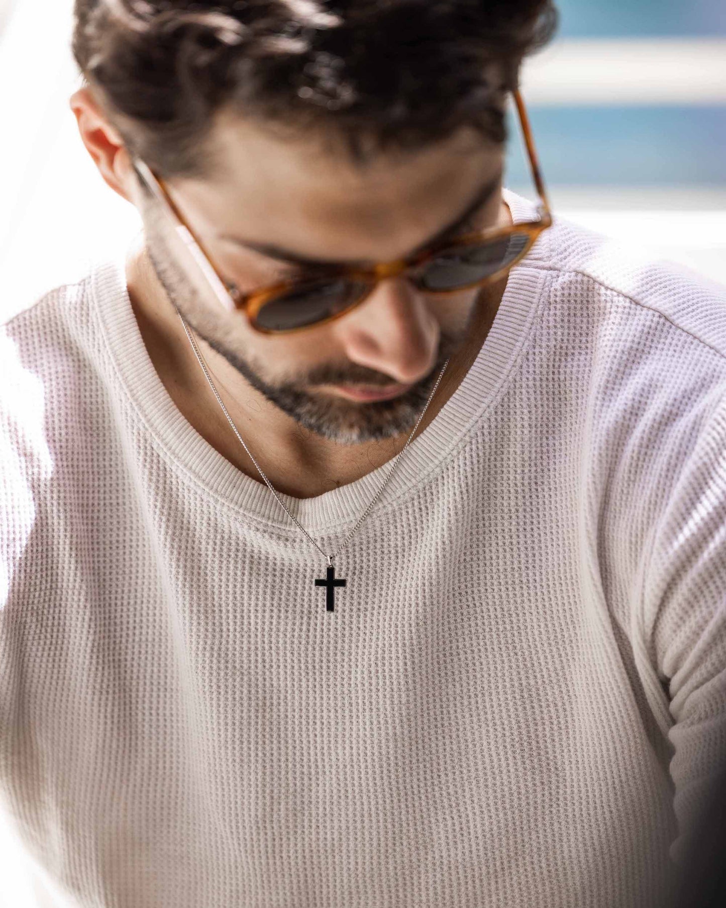 Stone Cross Pendant - Sterling Silver Set