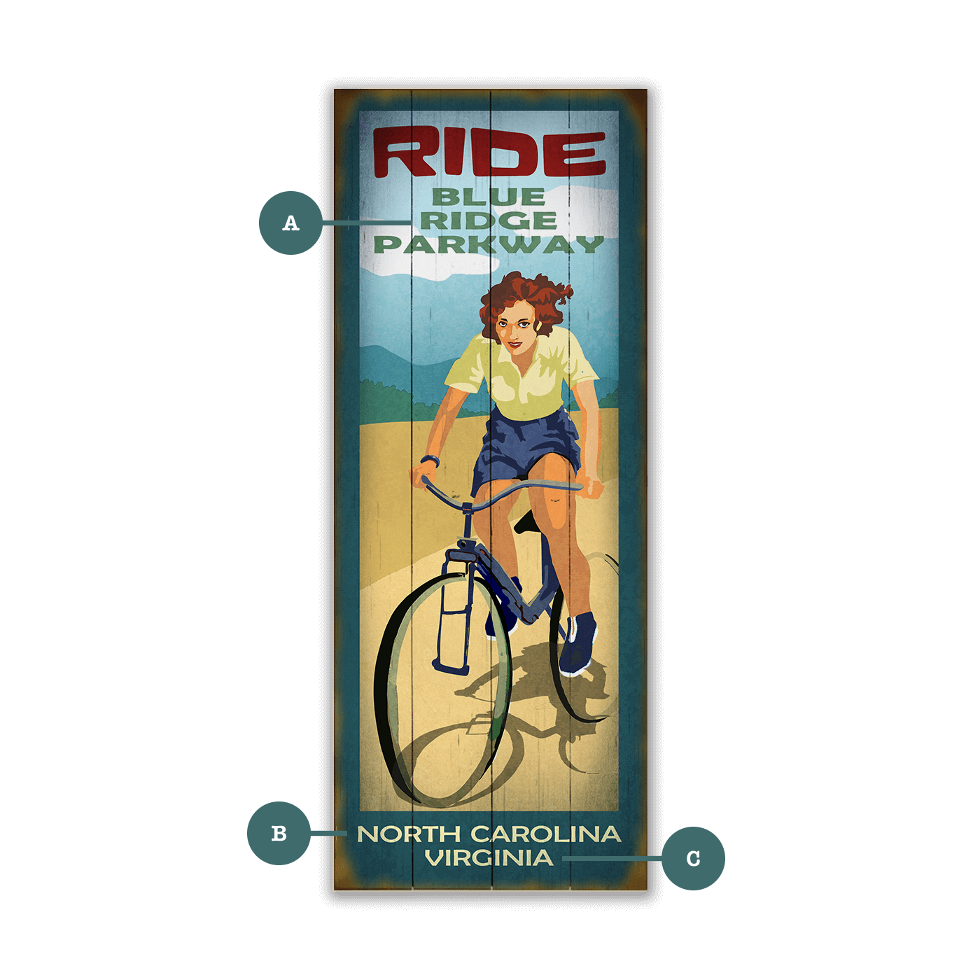 Scenic Trail Bike Sign: Female - Wood & Metal Wall Art
