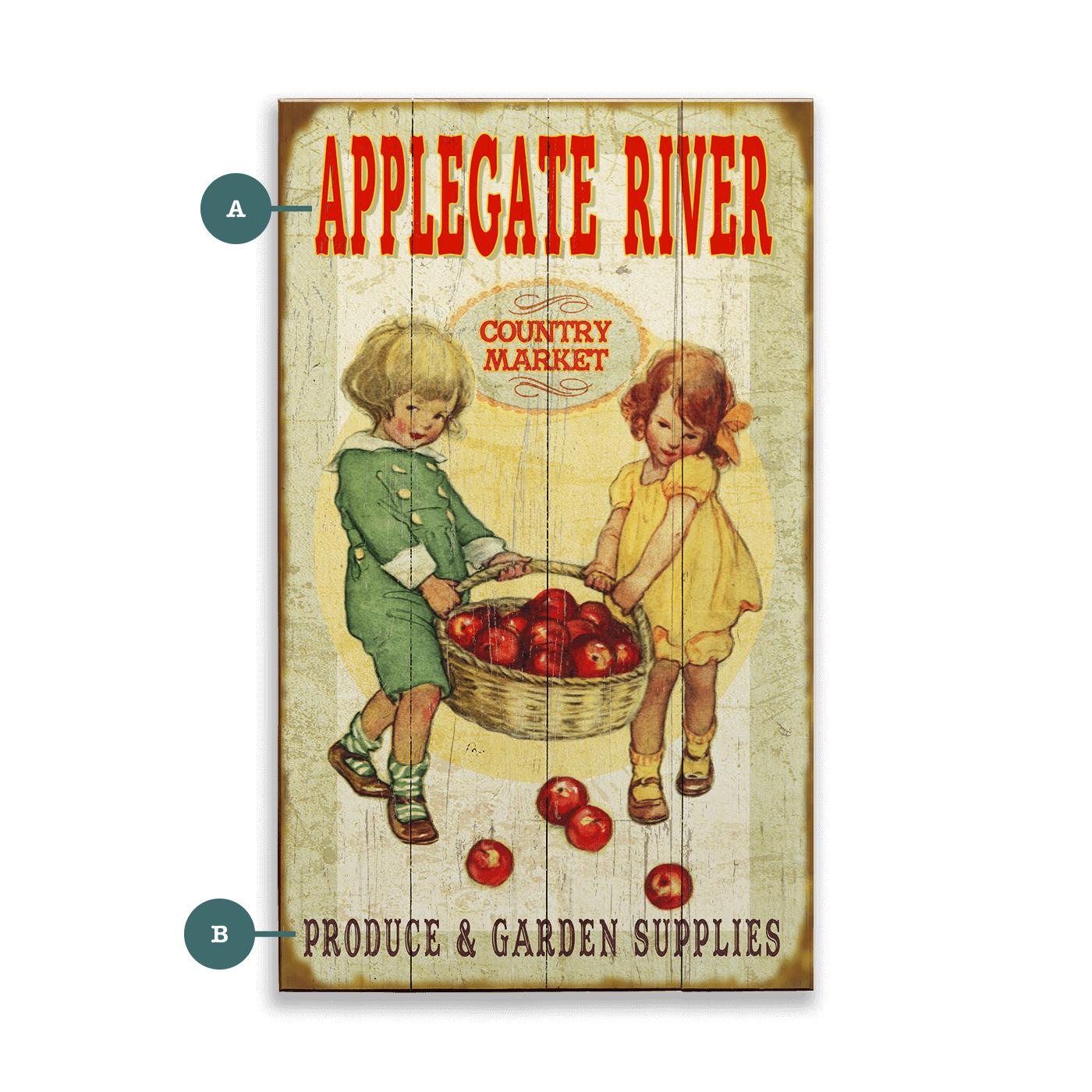 Country Market Kids with Apples - Wood & Metal Wall Art