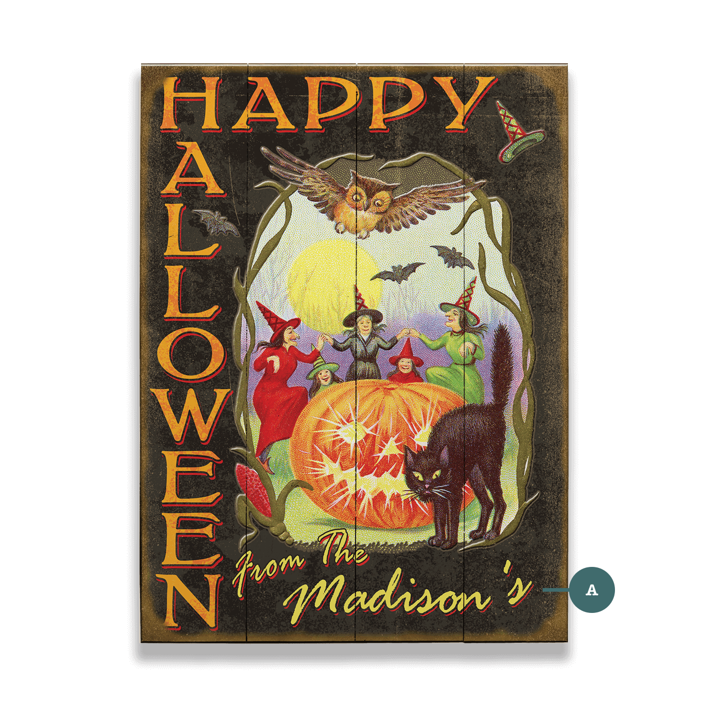 Happy Halloween, Witches and Black Cat - Wood & Metal Wall Art