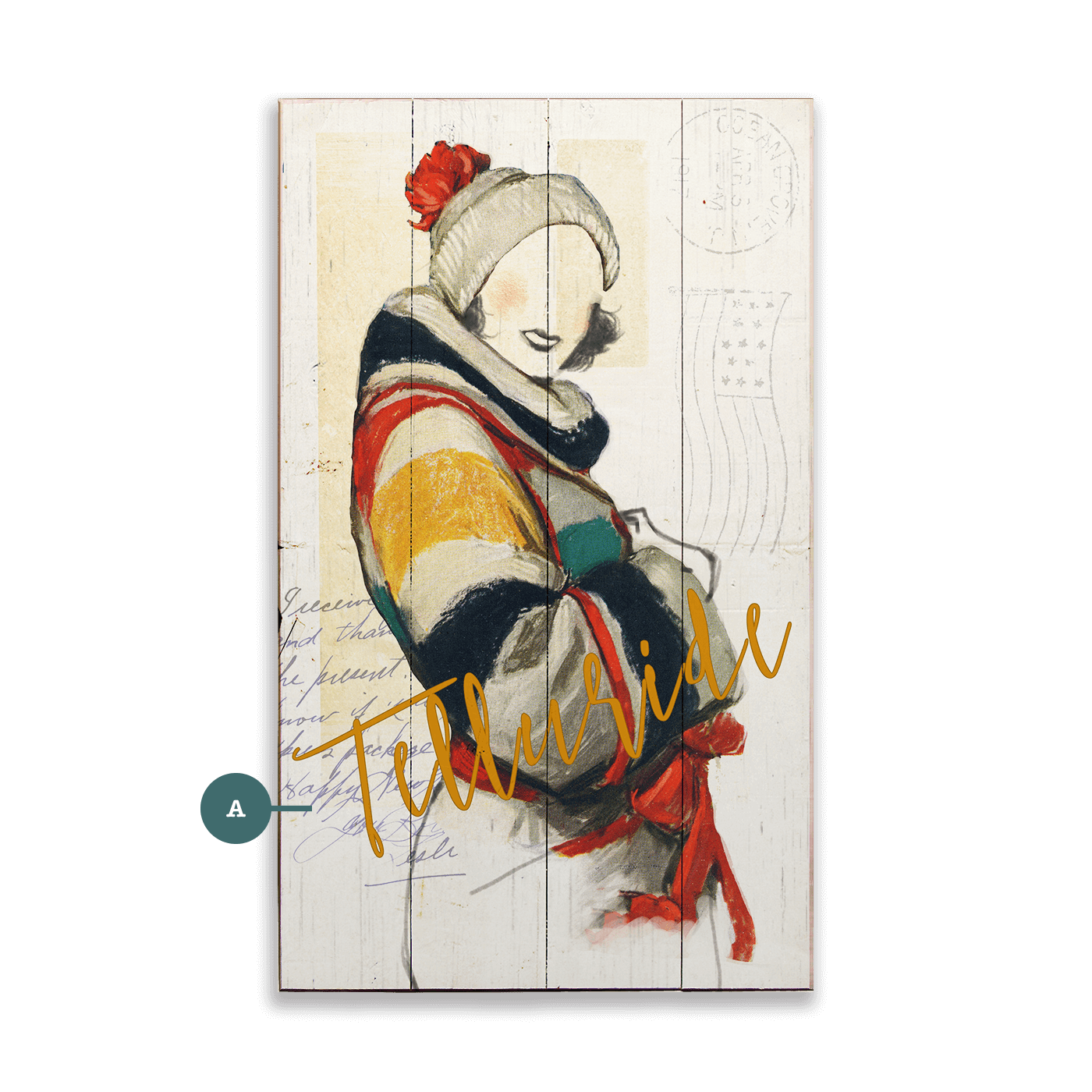 Winter Fashion Postcard: Color Block Coat - Wood & Metal Wall Art
