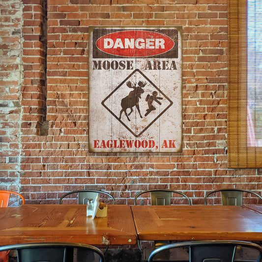 Moose Warning Sign - Wood & Metal Wall Art