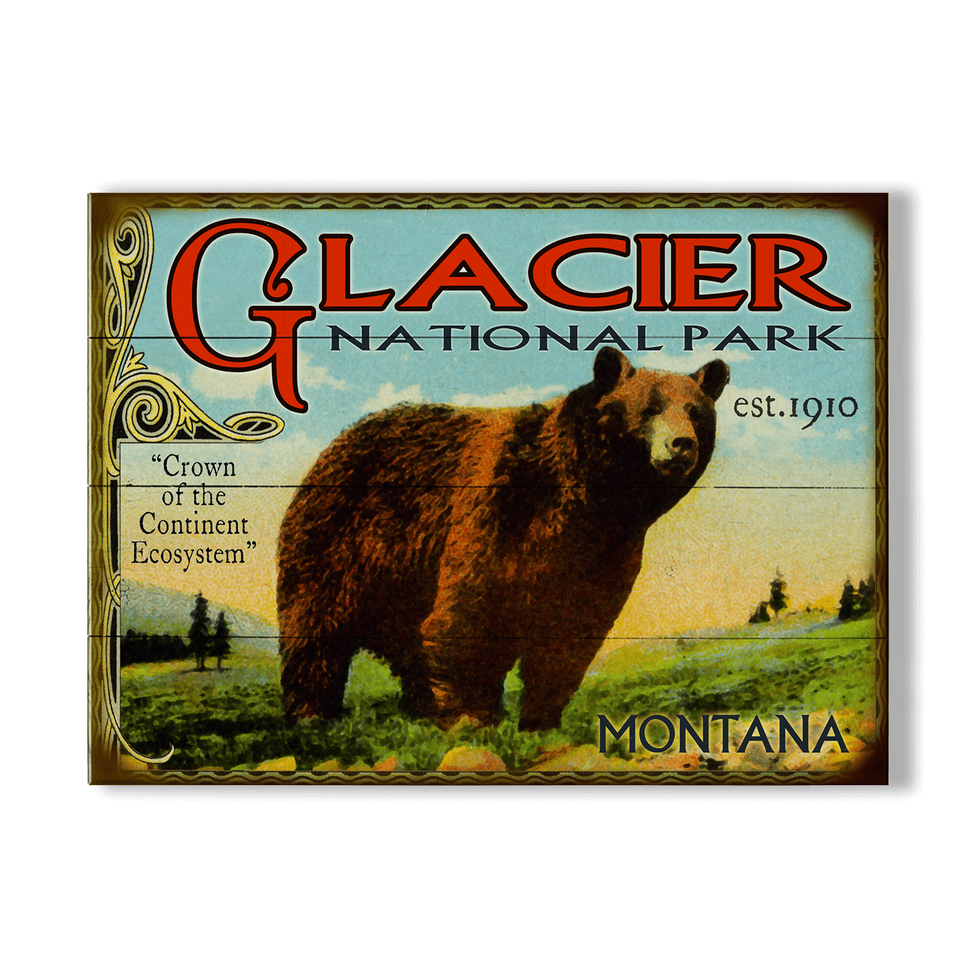 Glacier: Bear & Meadow Scene - Wood & Metal Wall Art