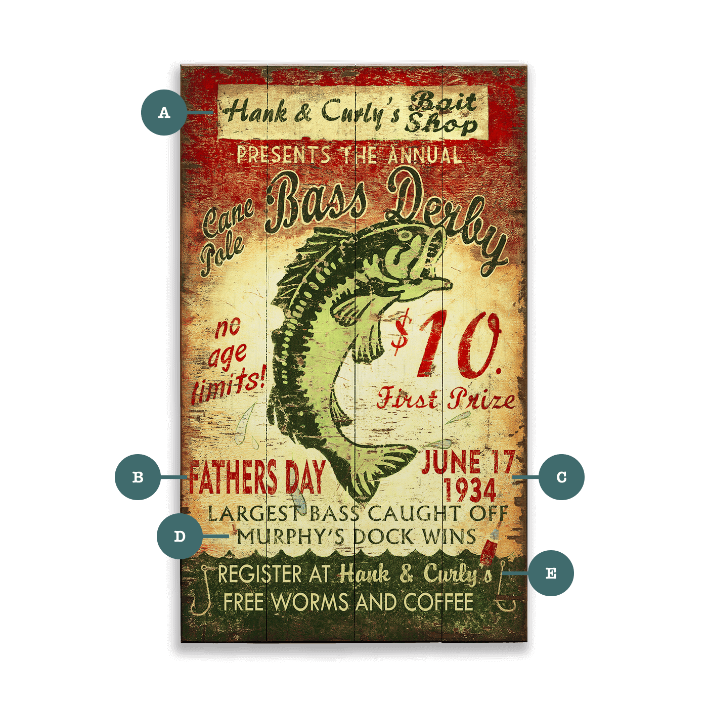 Cane Pole Bass Derby - Wood & Metal Wall Art