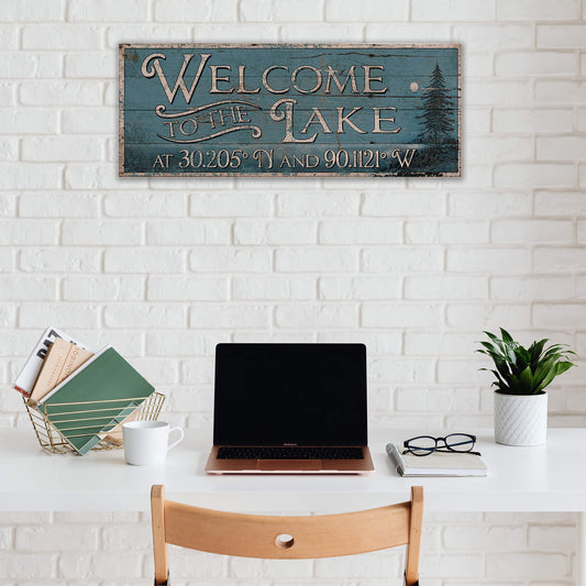 Welcome to Lake Coordinates Sign - Wood & Metal Wall Art