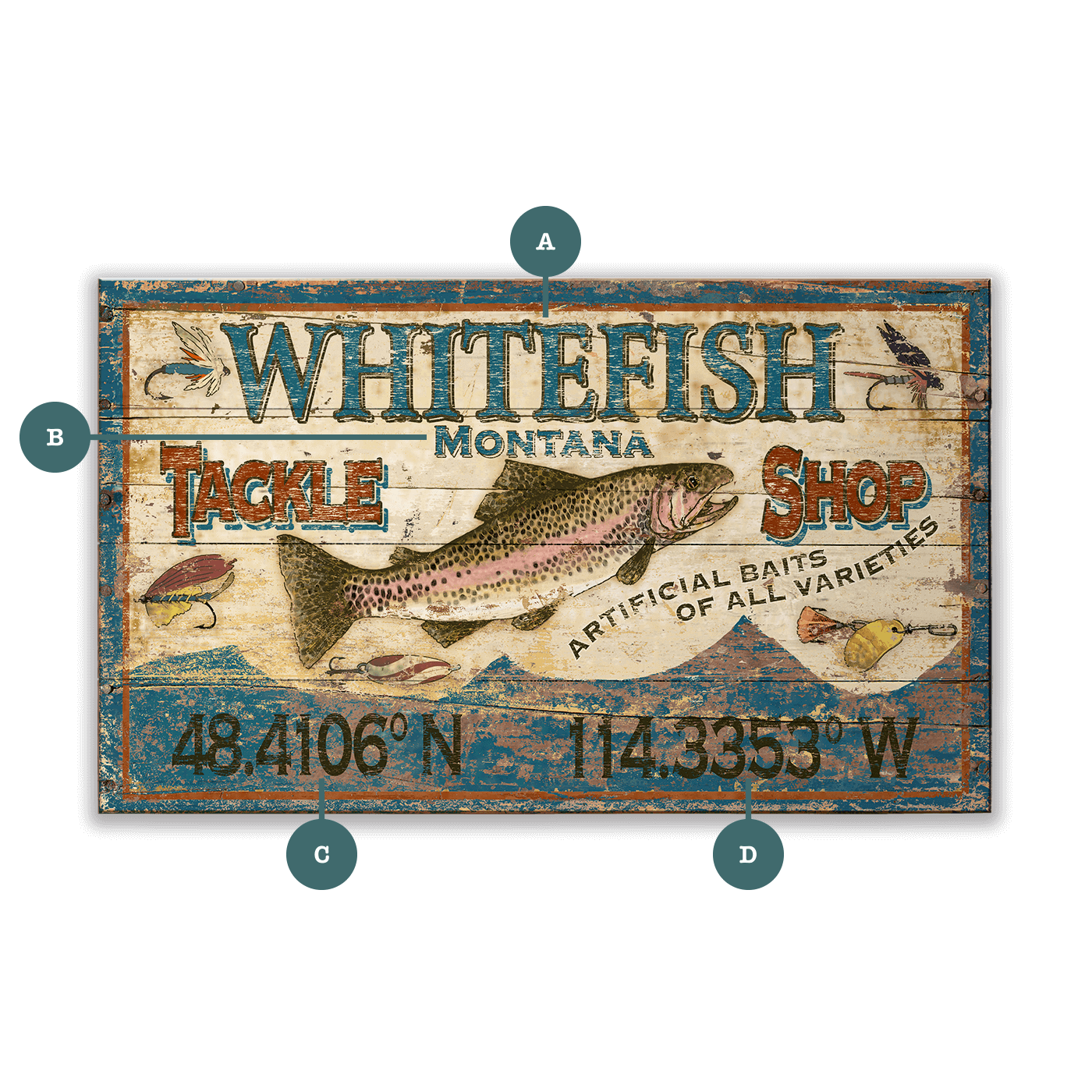 Trout Tackle Sign - Wood & Metal Wall Art