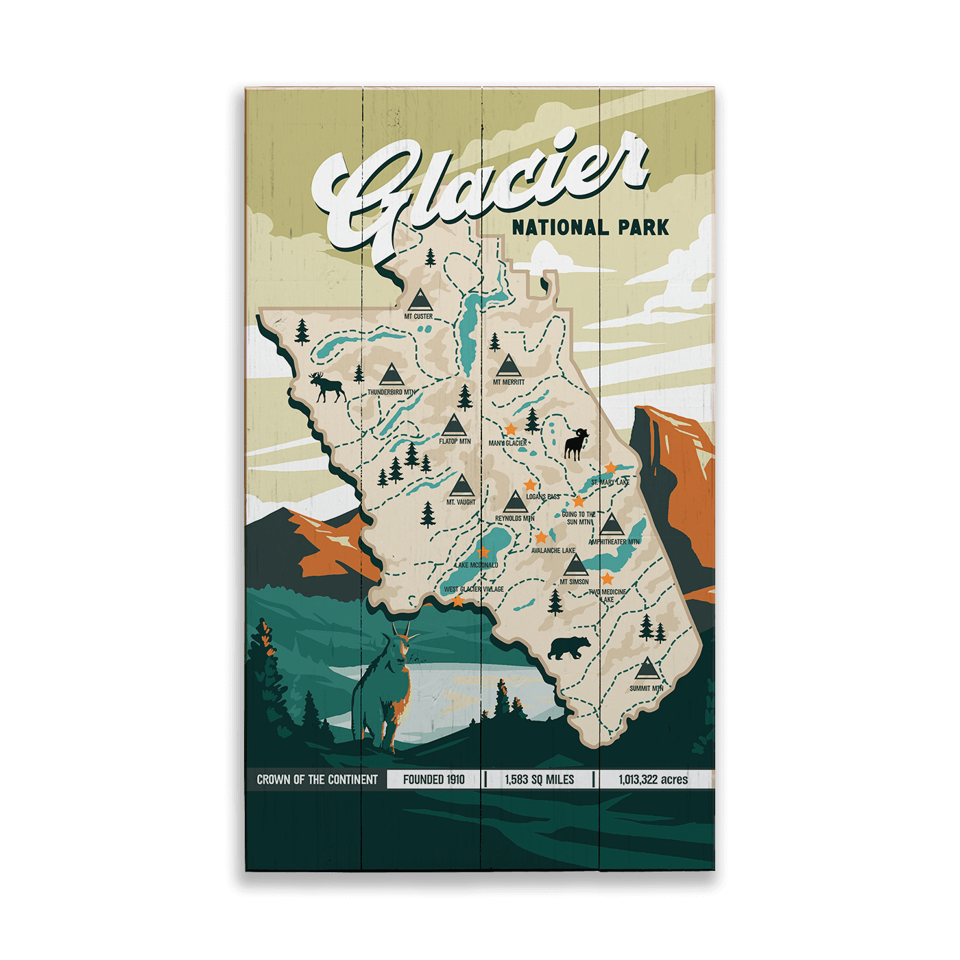 Glacier National Park Illustrated Map: Smooth Finish - Wood & Metal Wall Art